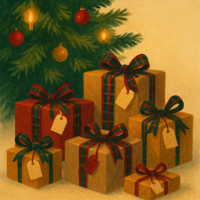 Painted pile of presents with tartan bows under a Christmas tree