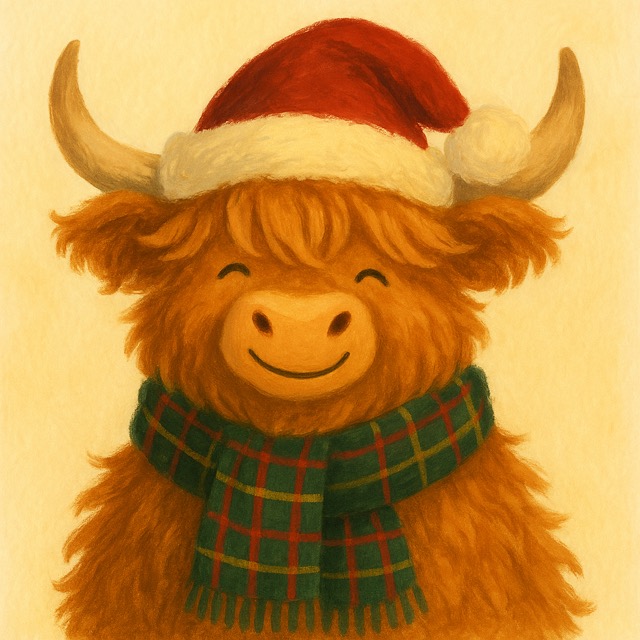Highland cow in a Santa hat and tartan scarf