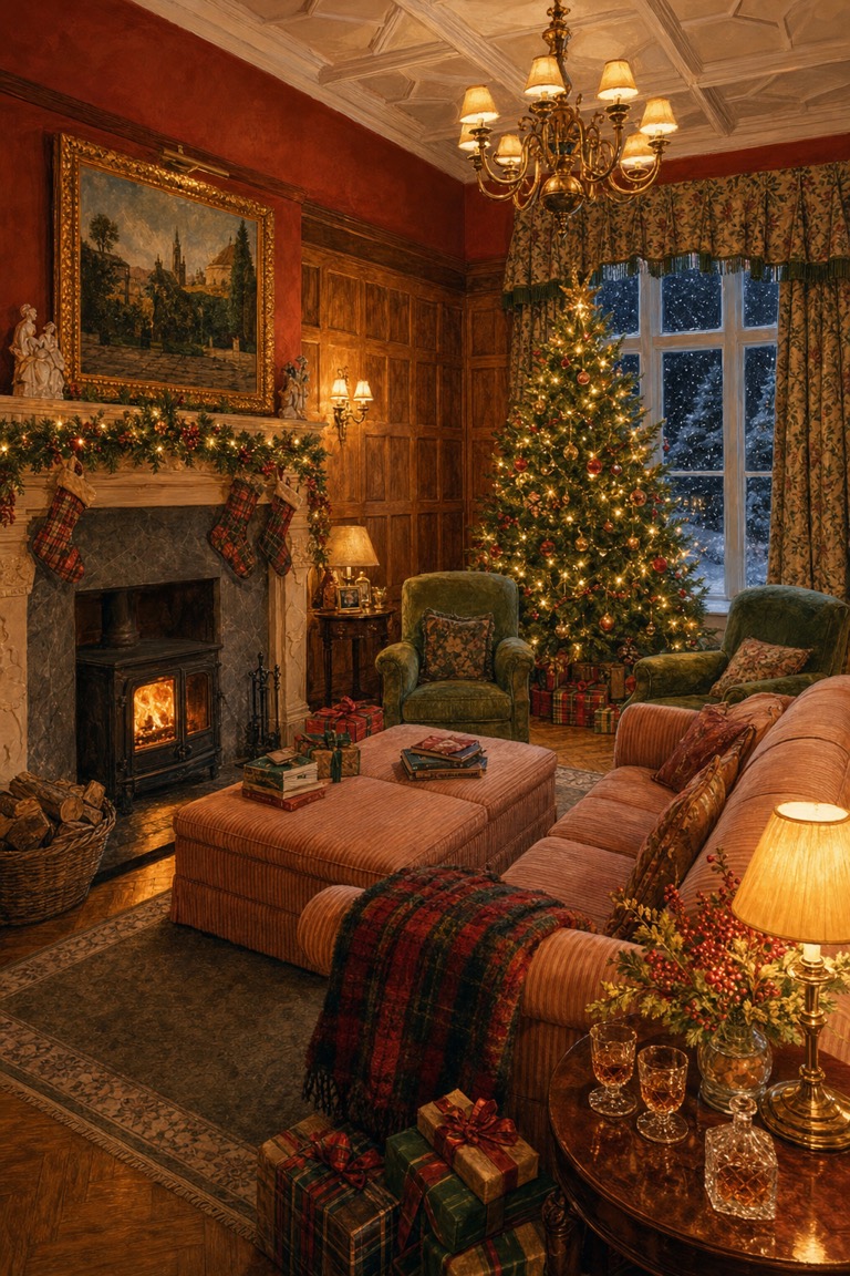Painting of the sitting room at Christmas: a stove glowing under a gilt painting, oak panelling, a lit tree by the snowy window, armchairs and a sofa with presents
